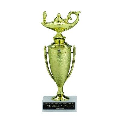 8½" Lamp of Learning Gold Cup Trophy w/White Marble Base