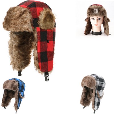 Adult Plaid Faux Fur Winter Trooper Hat