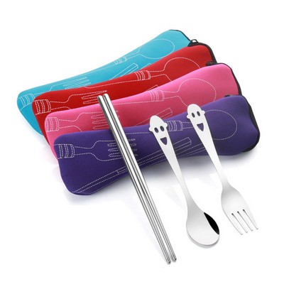 Stainless Steel Fork, Spoon, Chopsticks Tableware Set with Carry Pouch