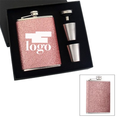 8Oz Pink Glitter Hip Flask Set