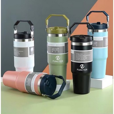 30 Oz /900ml Coffee Mug Camping Mug 304 Stainless Steel Travel Tumbler Cup W/Flip Straw and Handle