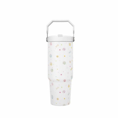 30oz Insulated Tumbler with Handle - Cute Paw Print and Bone Design