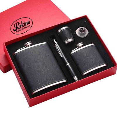 Hip Flask Gift Set, PU Leather Wrapped Cover Flask with Cups and Funnel