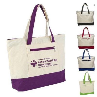 Canvas Tote Bag with an External Pocket and Zipper Closure