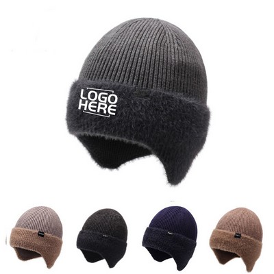 Knitted Winter Hat With Fleece Lining, Thermal Pullover, Cold-Resistant, Cycling Ear-Warming Cap