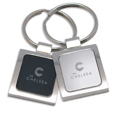 Rectangle keychain in polished chrome finish, with mirror-like middle insert.