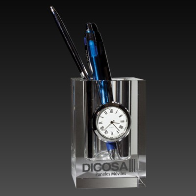 Classic Glass Crystal Pen Holder w/Clock