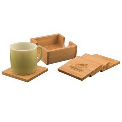 Bamboo 4 Piece Coaster Set w/Holder