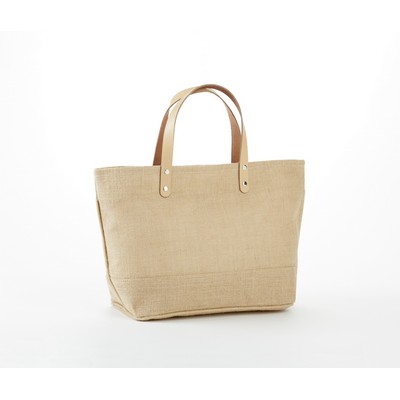 Jute Burlap Tote bag with leather handles, zippered closure