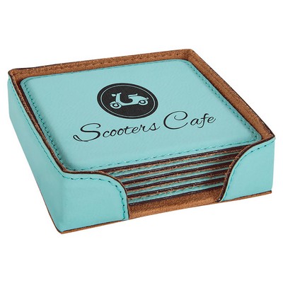 4" Square Teal 6-Coaster Set with Holder, Laserable Leatherette