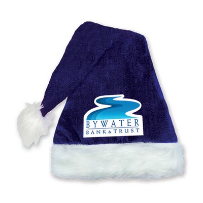 Blue Velvet Red Santa Hat w/ Plush White Trim w/ Custom Shaped Heat Transfer