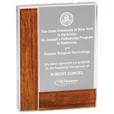 Optical Crystal Rectangular Award w/Wood Edge (4 ¼" x 5 ¾")