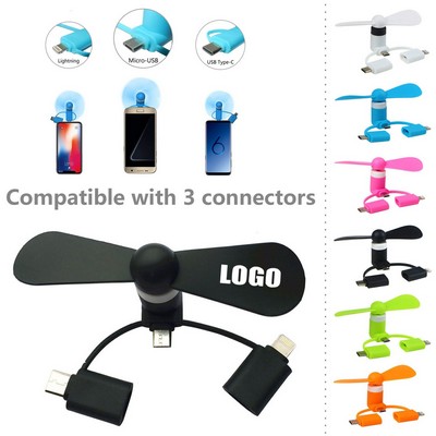 3 in 1 Mini Fan for Cell Phone Portable USB and USB-C Compatible