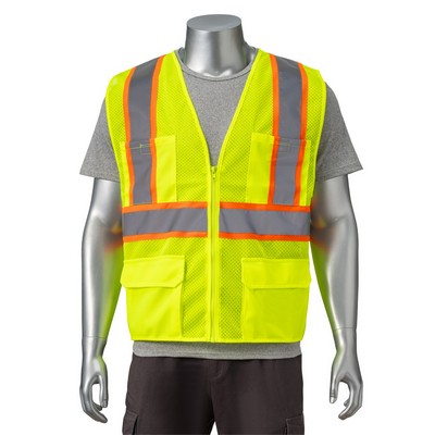 Hi Vis Class 2 - 3.8 Oz. Polyester Two Tone Reflective Tape Safety Vest With 4 Pockets