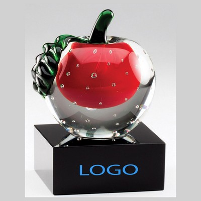 Elegant Crystal Red Apple Encapsulated In Clear Crystal Skin On Black Crystal Base