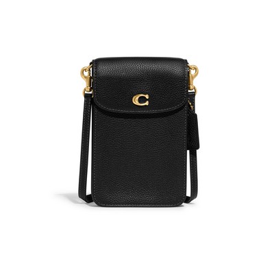 COACH Polished Pebbled Leather C Phone Crossbody - Black/Brass