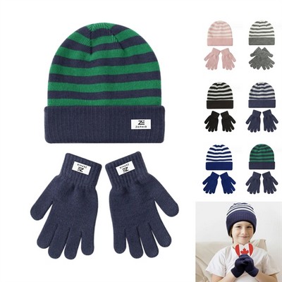 Kids Striped Beanie & Gloves Set