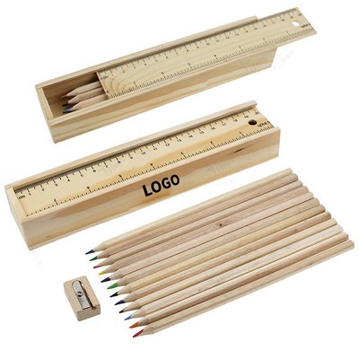 12 Color Pencil Ruler Sharpener Set W/ Wooden Box