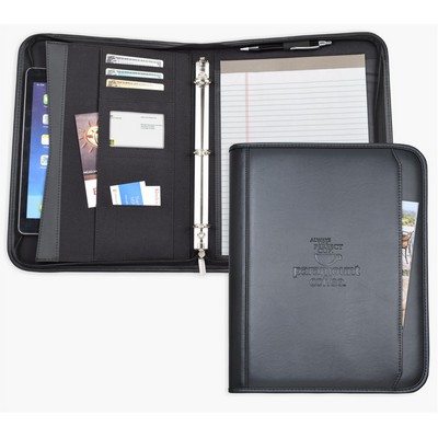 Zippered Letter Size ring binder/Portfolio, 1" Ring Binder. Black soft simulated leather.