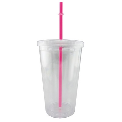 16 Oz. Double Wall Plastic Cup w/ Pink Straw & Snap Lid