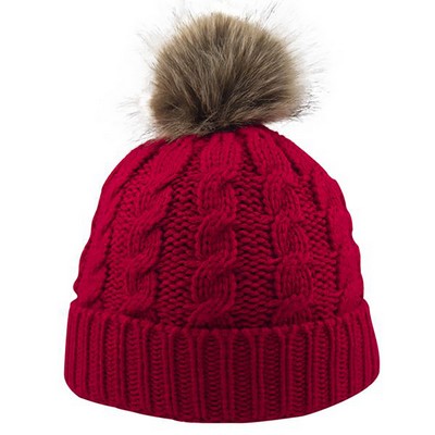 Cable Knit Beanie w/Faux Fur Pom