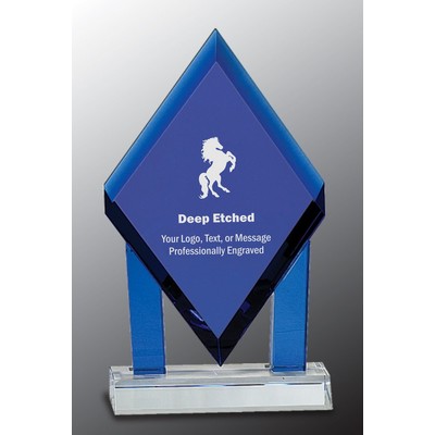 8 3/4" Blue Crystal Floating Diamond Award with Blue Columns on Clear Base