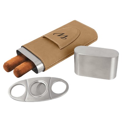 Light Brown Leatherette Cigar Case with Cutter