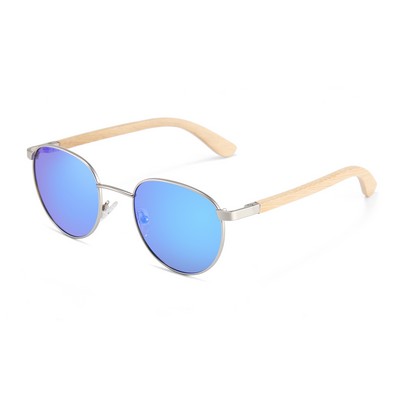 Bamboo Sunglasses - Blue Mirror Lenses - Silver Frames