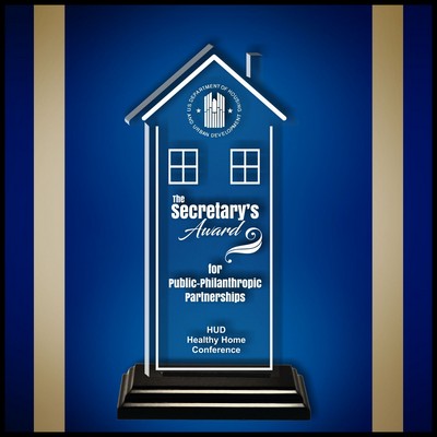 12" Tall House Clear Acrylic Award with a Black Wood Base