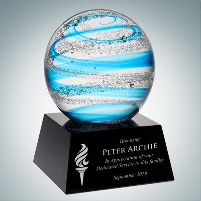 Art Glass Blue Jupiter Award w/ Black Base