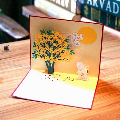 Greeting Rabbit And Flower Pop Up Card For Moon Festival