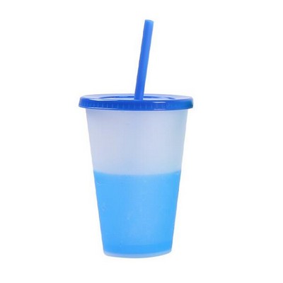 Plastic Color Changing Temperature Sensing Cup w/Straw