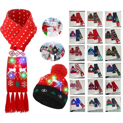 Light up Christmas Hat Beanie Winter Knitted Scarf Set