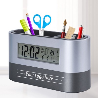 All-In-One Desk Organizer With Clock, Thermometer & Logo