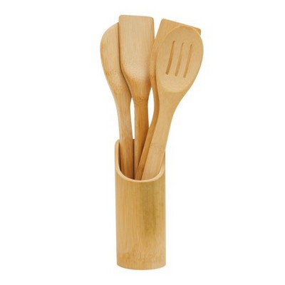 5pc Bamboo Kitchen Utensil Set – Eco-Friendly Cooking Tools with Storage Holder