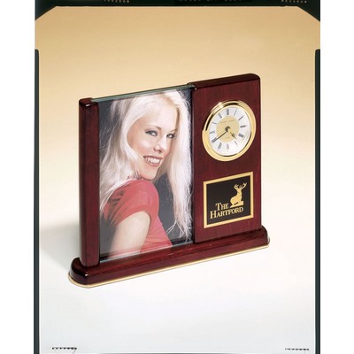 Rosewood Desk Clock w/ Glass Picture Frame (6 3/4"x8 1/2")