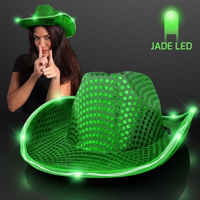 Green Sequin Cowboy Hat w/Jade LED Brim - BLANK