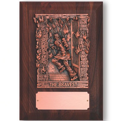 Genuine Walnut Plaque w/Antique Bronze Fire Fighter Figure & Copper Plate