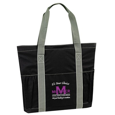 600D Polyester Reusable Tote Bag w/ Handles, Pockets, Velcro Closure