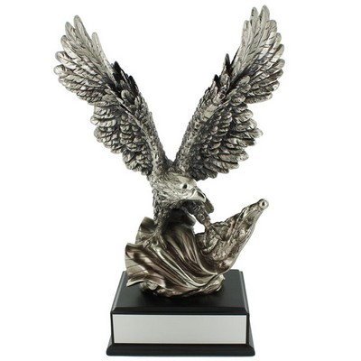 10" Electroplated Antique Silver American Eagle Flag Trophy