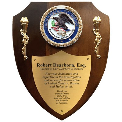 Walnut Veneer Shield Department of Justice Plaque (10" x 12")