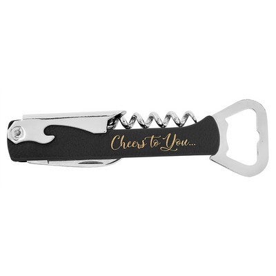 Black-Gold Corkscrew Bottle Opener, Laserable Leatherette, 1-1/8"x5-1/4"