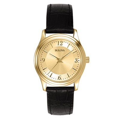 Bulova Corporate Ladies Gold-Tone Black Leather Strap Watch, Gold Dial