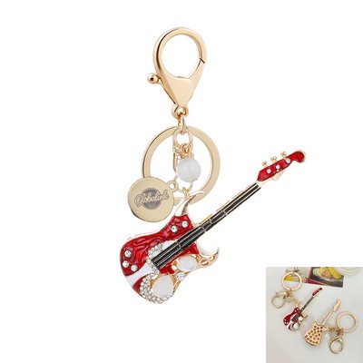 Diamond Studded Electric Guitar Keychain W/ Round Metal Tag