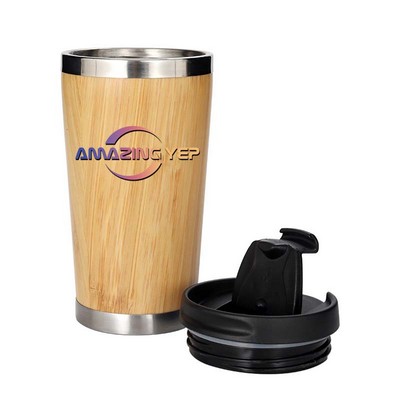 Bamboo Coffee Cup Double Wall Stainless Steel Tumbler 12oz.