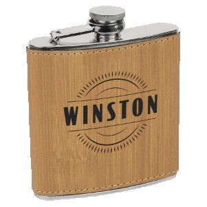 6 Oz. Bamboo Laserable Leatherette Stainless Steel Flask