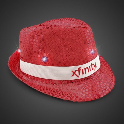 Red Sequin Light Up Fedora Hat w/Silk Screened White Band