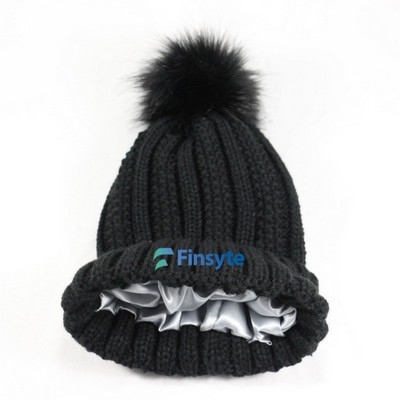 Winter Knitted Beanie Hat With Fur Pom