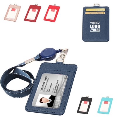 Retractable Lanyard 3 Pockets Dual Side PU Leather Card Holder