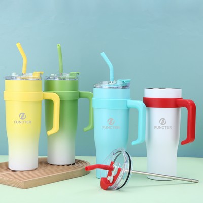 40 Oz/1200ml Gradient Car Tumbler Insulated Stainless Steel Water Bottle With Handle & Lid & Straw